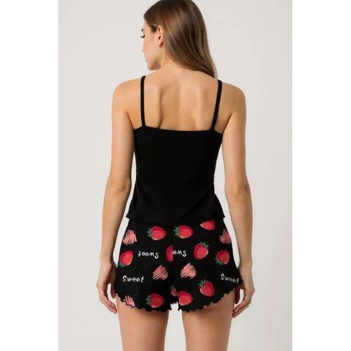 Çilek Baskılı Siyah Askılı Şortlu Pijama Takımı
