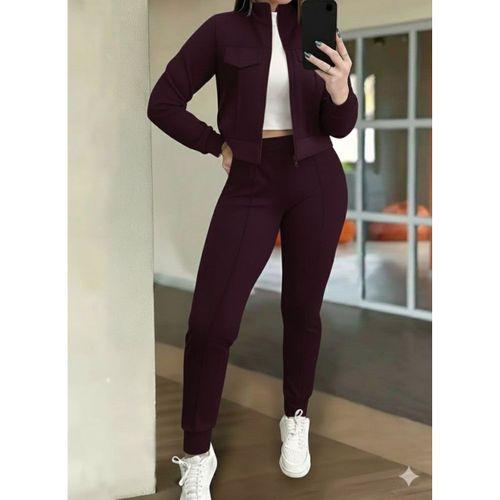 Kadın Uzun Kollu önden Fermuarlı Kısa Modal Mor Ceket Ve Pantolon Ikili Takım