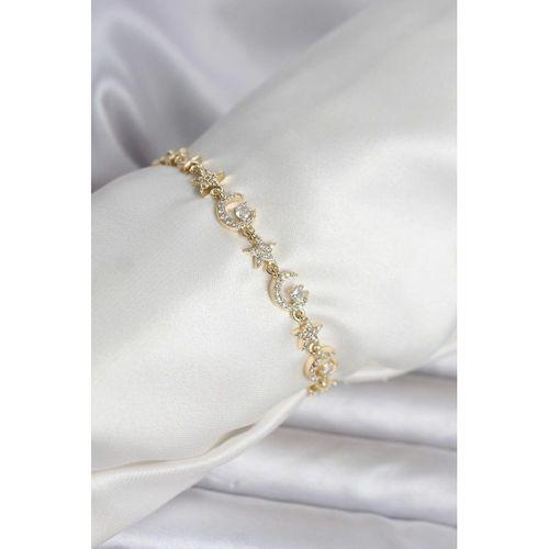 Pirinç Gold Renk Zirkon Taşlı Ay ve Yıldız Model Kadın Bileklik