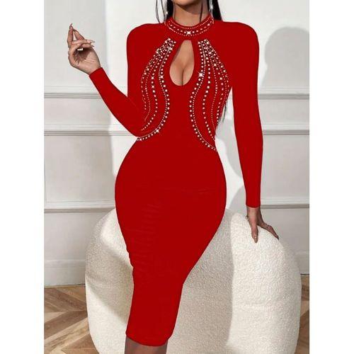 Kadın Uzun Kollu Balıkçı Yaka Taşlı Damla Detay Midi Ithal Krep Elbise