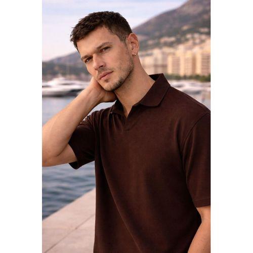 Leodes Waffle Kumaş Polo Yaka Relaxed Fit Düğmesiz Erkek T-Shirt - Kahve
