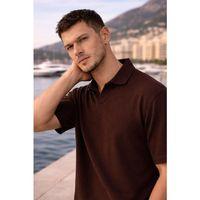 Leodes Waffle Kumaş Polo Yaka Relaxed Fit Düğmesiz Erkek T-Shirt - Kahve