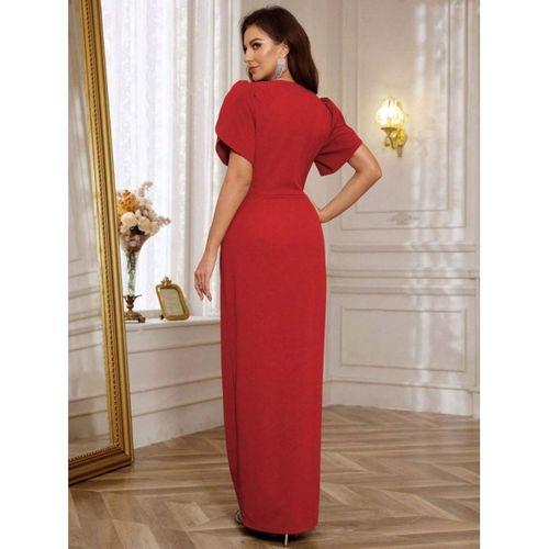 Kadın Kısa Kollu Kruvaze Yakalı Belden çiçek Aksesuarlı Yırtmaçlı Ithal Krep Elbise