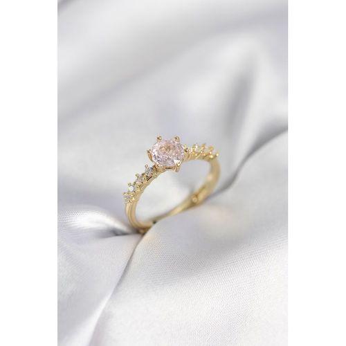 Gold Renk Pembe Tek Taş Model Zirkon Taşlı Kadın Yüzük