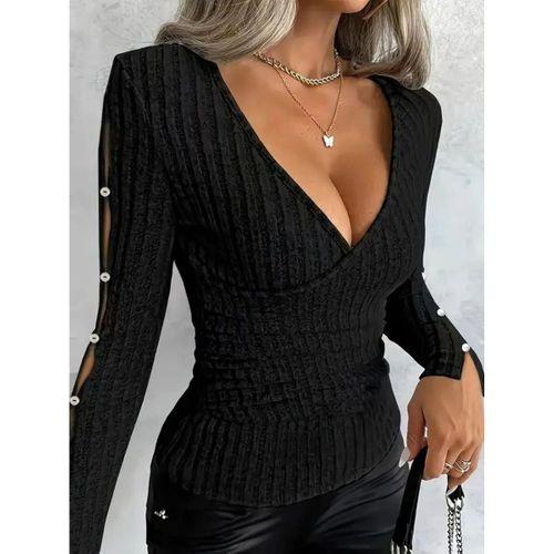 Kadın Uzun Kollu Kruvaze Yakalı Incili şardonlu Kaşkorse Bluz