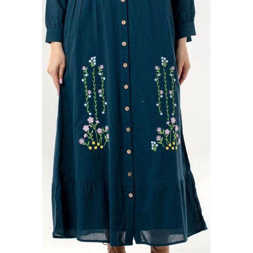 Uzun Kol Neşe Nakış Detaylı Boydan Düğmeli Yazlık Şile Bezi Uzun Elbise Petrol Ptrl