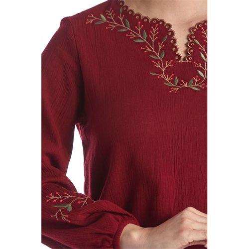 Şile Bezi Uzun Kol Bordo Nakış Detaylı V Yaka Yazlık Otantik Bluz