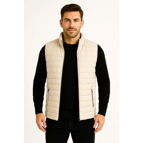 Erkek Şişme Fermuarlı Yelek Su Itici Kapitone Astarlı Kumaş Cepli Hafif Kışlık Spor Rahat Kalıp -Bej