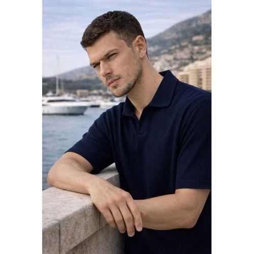 Leodes Waffle Kumaş Polo Yaka Relaxed Fit Düğmesiz Erkek T-Shirt - Lacivert