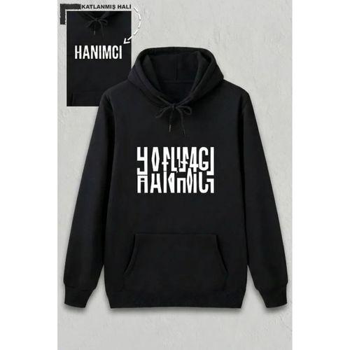 Sevgililer Günü Özel Kapüşonlu Hanımcı Baskılı Oversize Sweatshirt - Siyah