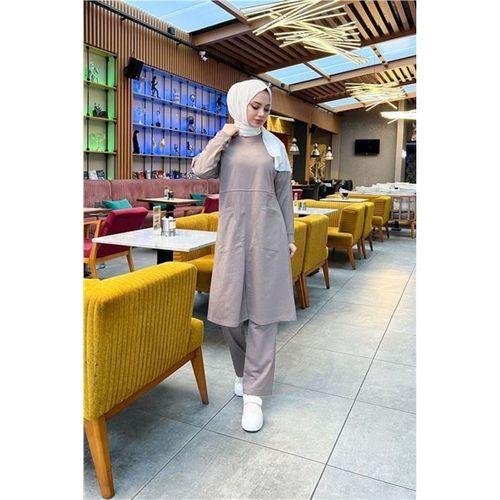 Önden İki Cepli Sade Basic Uzun Tunik Pantolon İkili Spor Takımı - 03067.016 - Vizon