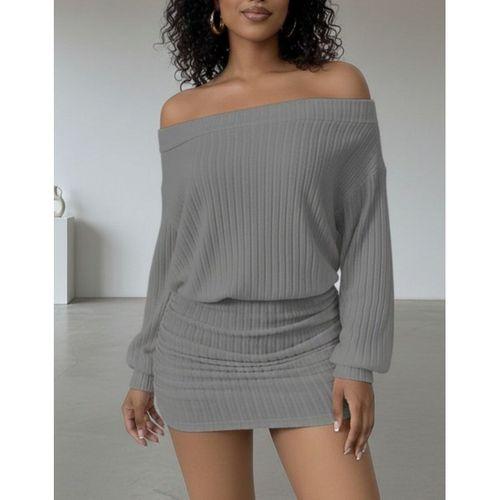 Kadın Uzun Kollu Madonna Yaka Yanlardan Büzgülü şardonlu Kaşkorse Mini Elbise