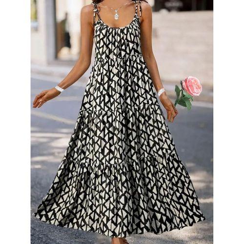 Kadın Askılı Yuvarlak Yaka Fırfırlı Desenli Uzun Bürümcük Elbise