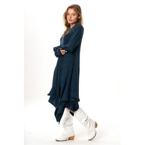 Uzun Kol Handan Asimetrik Kesim Sonbahar ve Kışlık Dökümlü Midi Boy Triko Elbise İndigo indg