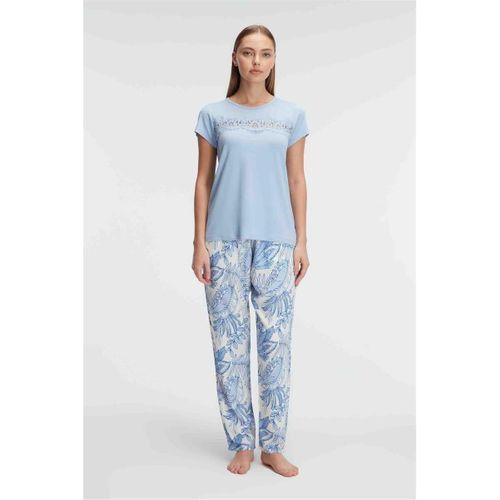 Kısa Kol Bisiklet Yaka Kadın Viskon Çiçek Desenli Yazlık Örme Dantel Detaylı Pijama Takımı