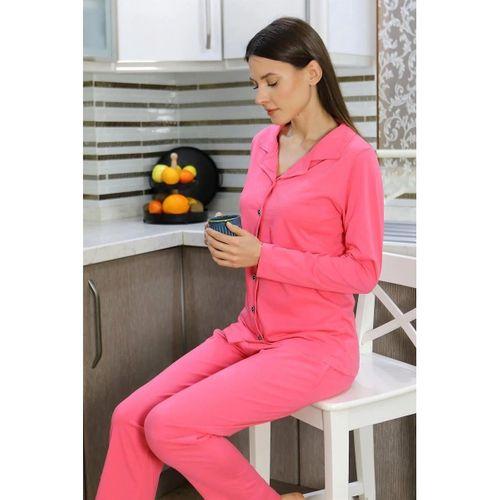 Kadın Pamuk Penye Önden Düğmeli Uzun Kol Pijama Takım Pembe