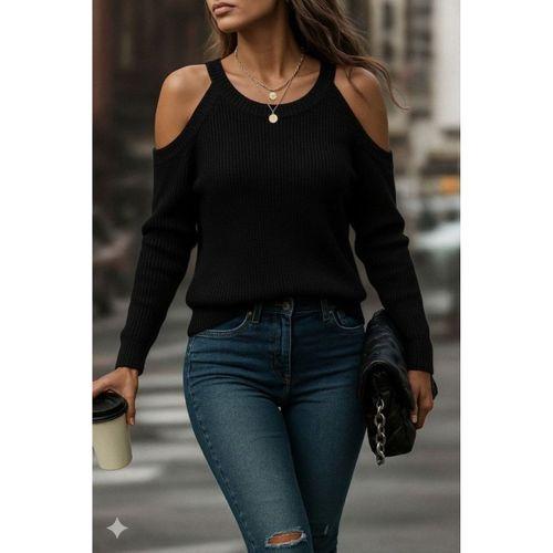 Kadın Uzun Kollu Omuzlardan Açık Askılı Yuvarlak Yaka Triko Bluz