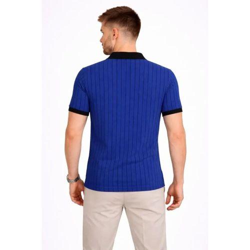 Erkek Polo Yaka Çizgili Tişört Kısa Kol Düğmeli Yazlık T-Shirt - Saks Mavisi