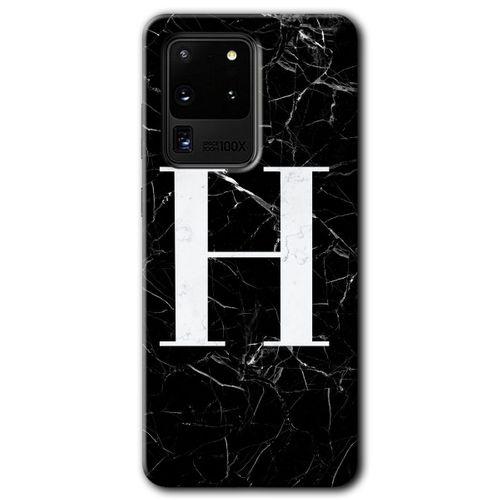 MRCİLETİSİM MRCİLETİSİM Samsung Galaxy S20 Ultra Kılıf HD Desen Baskılı Arka Kapak + Temperli Cam - Siyah Mermer  H Harfi