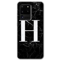 MRCİLETİSİM MRCİLETİSİM Samsung Galaxy S20 Ultra Kılıf HD Desen Baskılı Arka Kapak + Temperli Cam - Siyah Mermer  H Harfi