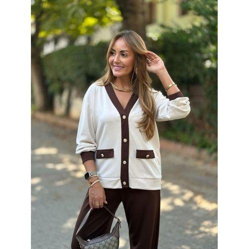 Kadın Uzun Kollu Ribanali Cep Detay Hırka Ve Bol Paça Pantolon Ikili Takım