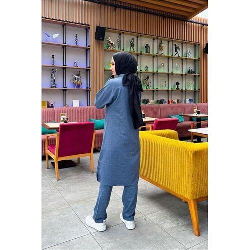 Dik Yaka Kısa Fermuarlı Yırtmaçlı Sade Basic Uzun Tunik ve Pantolon İkili Spor Takım - 03062.006 - İndigo