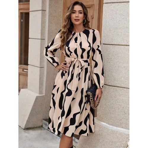Kadın Uzun Kollu Bisiklet Yaka Belden Bağlamalı Desenli Belden Kuşaklı Mikro Süprem Midi Elbise