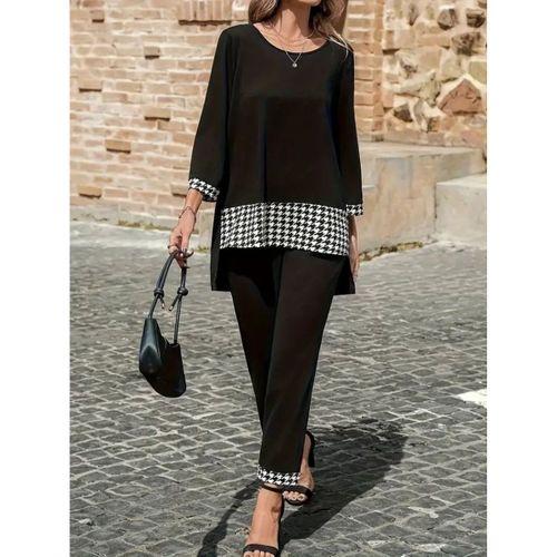 Kadın Uzun Kollu Yuvarlak Yakalı Kaz Ayağı Detaylı Viskon Iki Iplik Bluz Ve Pantolon Ikili Takım