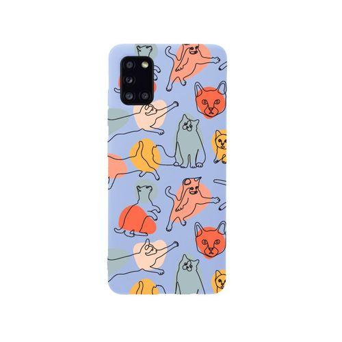 Samsung A31 Sevimli Kedi Figürleri Premium Silikonlu Lila Telefon Kılıfı