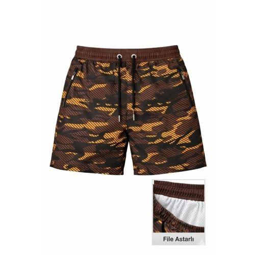 Erkek Deniz Şortu Fermuarlı Cepli File Astarlı Hızlı Kuruyan Premium - Kahverengi