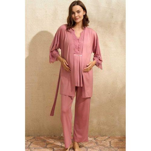 Sıfır Kol V Yaka Kadın Viskon Düz Yazlık Uzun Dantel Detaylı Hamile Pijama Takımı Sabahlık