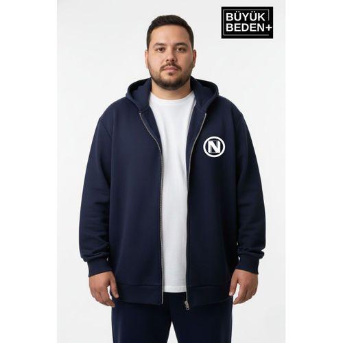 Erkek Büyük Beden Kapüşonlu Fermuarlı N Baskılı Sweatshirt Hırka SPR26BHR922