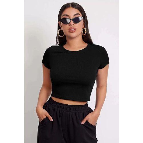 Kadın Siyah Yuvarlak Yaka Yarım Kol Crop Top Bluz
