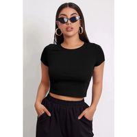 Kadın Siyah Yuvarlak Yaka Yarım Kol Crop Top Bluz