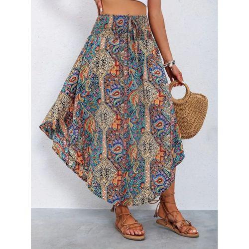 Kadın Beli Lastikli Bağcıklı Asimetrik Kesim Detaylı Desenli Bürümcük Etek