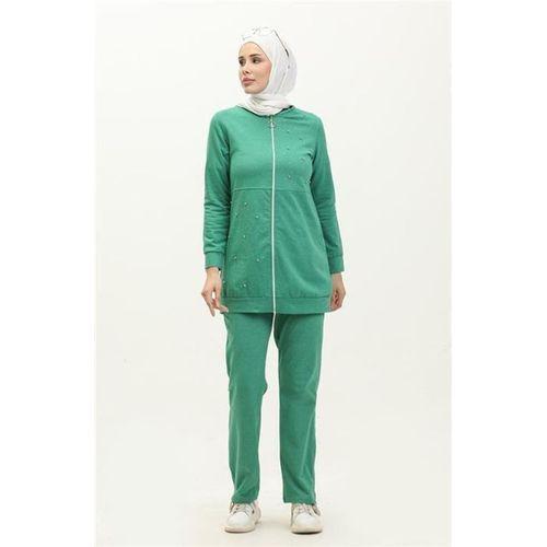 Fermuarlı İnci ve Taş Detaylı İkili Sade Basic Eşofman Spor Takımı - 03038.111 - Benetton Yeşil