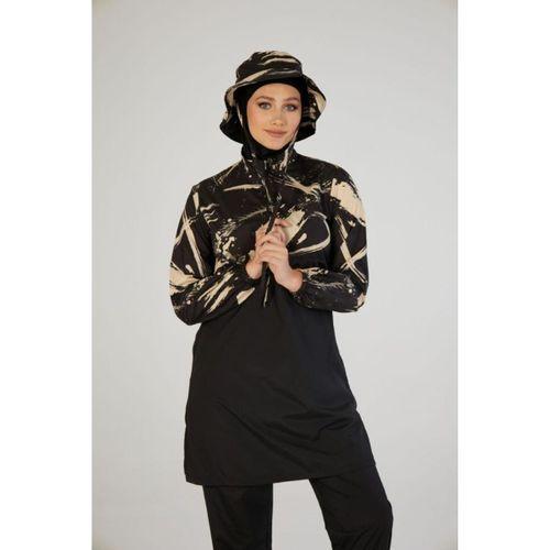 Estiva 26973 Siyah  Brushstroke Tam Kapalı Croplu Şapkalı Pantolonlu Tesettür Mayo