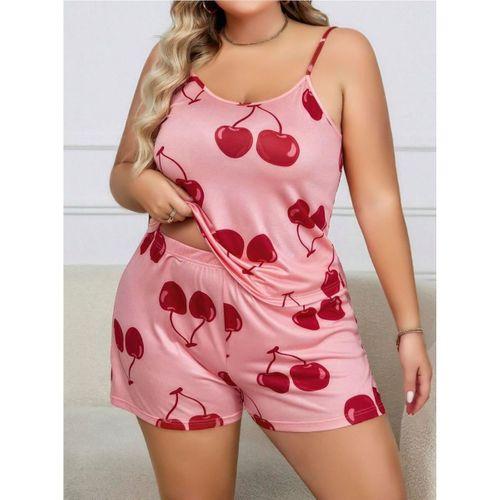 Büyük Beden Pembe Kiraz Desen İnce Askılı Pamuklu Şortlu Pijama Takımı