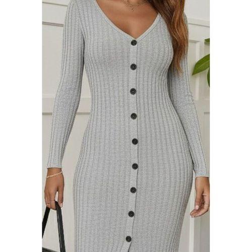 Kadın Uzun Kollu V Yakalı önden Düğmeli şardonlu Kaşkorse Elbise