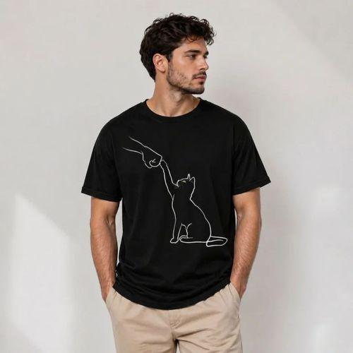 Erkek Minimal Kedi Çizim Baskılı Tişört Kısa Kol Yazlık T-Shirt - Siyah