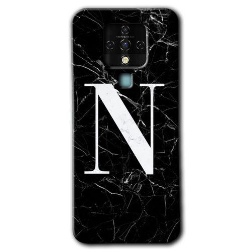 MRCİLETİSİM Tecno Camon 16 Kılıf HD Desen Baskılı Arka Kapak+Temperli Cam - Siyah Mermer Desenli N Harfi