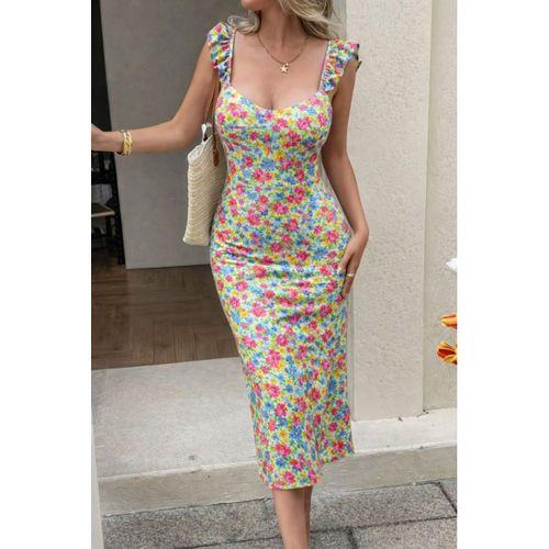 Kadın Askılı Göğüs Dekolteli Yırtmaçlı Desenli Midi Dalgıç Elbise