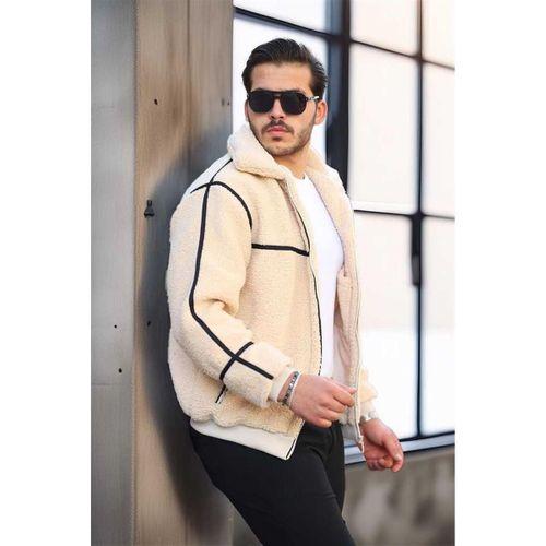 İçi Astarlı Şerit Detaylı Peluş Erkek Mont - Ekru
