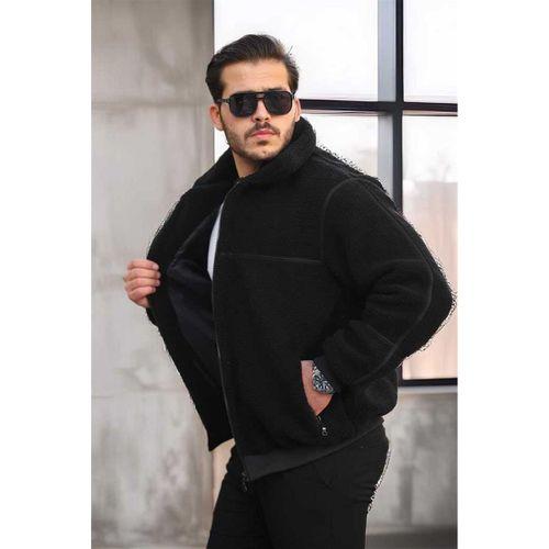 İçi Astarlı Şerit Detaylı Peluş Erkek Mont - Siyah