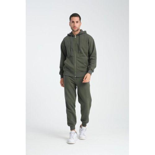 İçi Peluş Üç İplik Kumaş Oversize Fermuarlı Kapüşonlu Sweatshirt - Çam Yeşili