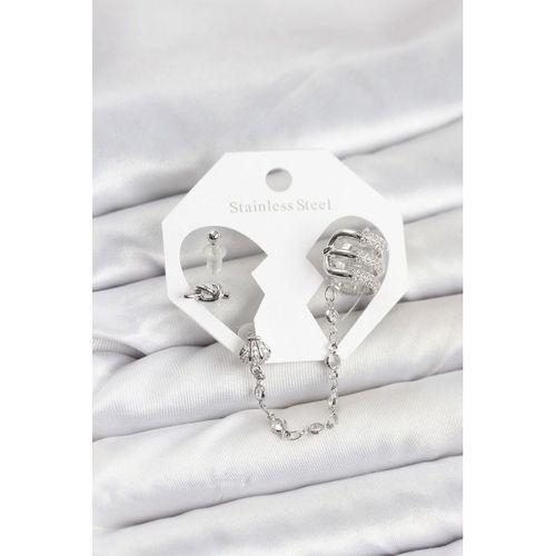 Pirinç Gümüş Renk Sarmal Model Zincir Bağlantılı Ear Cuff Küpe Seti
