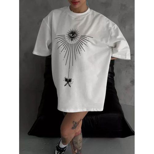 Pilelistore Unisex Bisiklet Yaka Baskılı Oversize T-Shirt - Beyaz