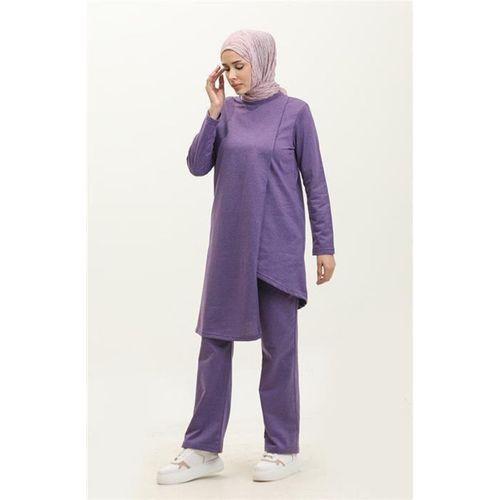Kruvaze Bisiklet Yaka Sade Basic Tunik Panolon İkili Takım - 03076.207 - Koyu Lila