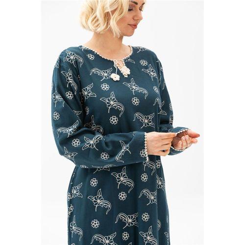 Uzun Kol Şile Bezi Baskılı Uzun Yazlık Elbise Serpme Desen Petrol Ptrl