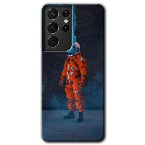 MRCİLETİSİM Samsung Galaxy S21 Ultra Kılıf HD Desen Baskılı Arka Kapak + Temperli Cam - Smoke Astronot